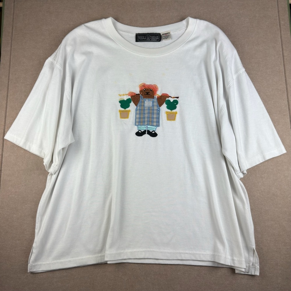 Vintage Needle & Threads Women's Shirt 4X White Teddy Bear Embroidered Taiwan‎